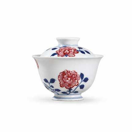 Gaiwan Hand Painted Flowers Blue and White with Underglaze Red Tea Set_Main