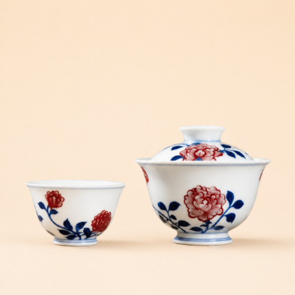 Gaiwan Hand Painted Flowers Blue and White with Underglaze Red Tea Set_Ring01