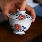 Gaiwan Hand Painted Flowers Blue and White with Underglaze Red Tea Set_Ring04